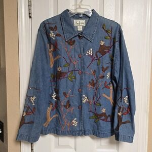 TanTrums Brand~Ladies Denim Shirt~Tree Monkey Pattern~Size Small~Vintage